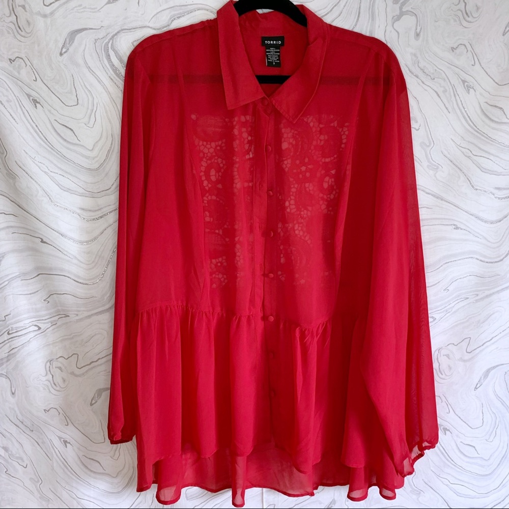 Torrid Lace Back Chiffon Button Up